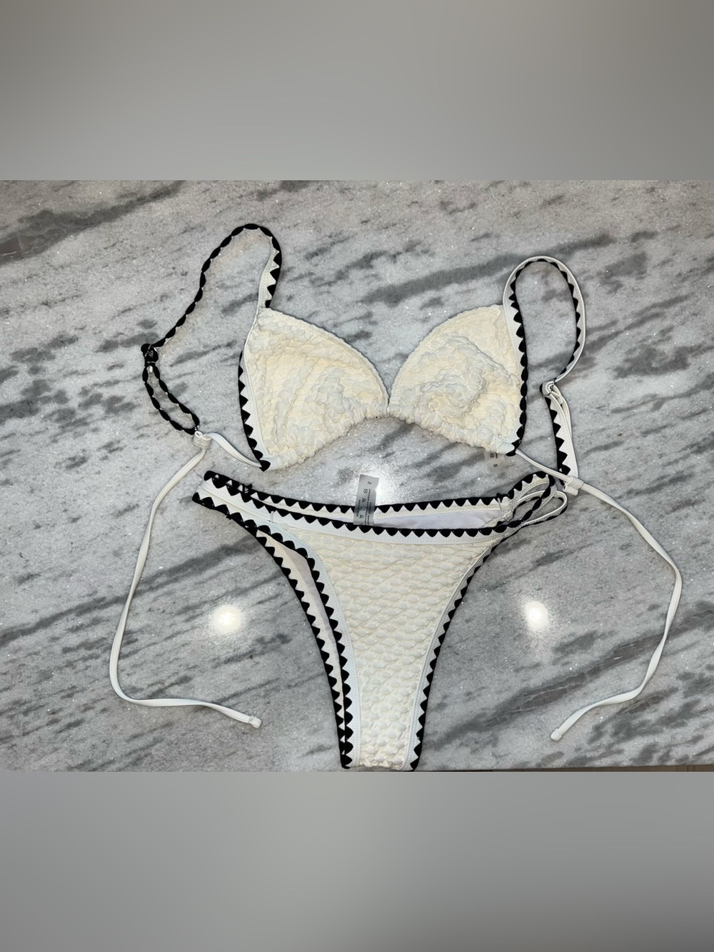 SHEIN White Textured Triangle Bikini with Black Trim